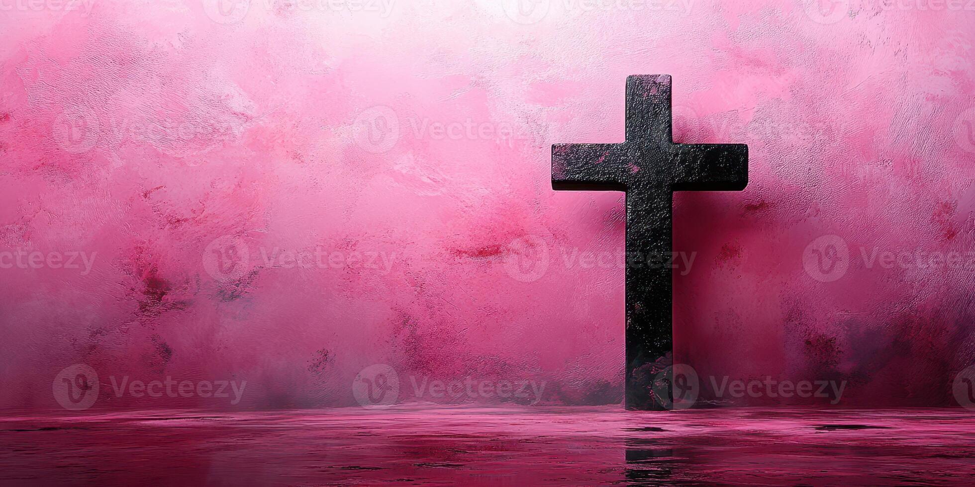 Spiritual reflection on a black cross standing in still water with a pink misty background during twilight photo