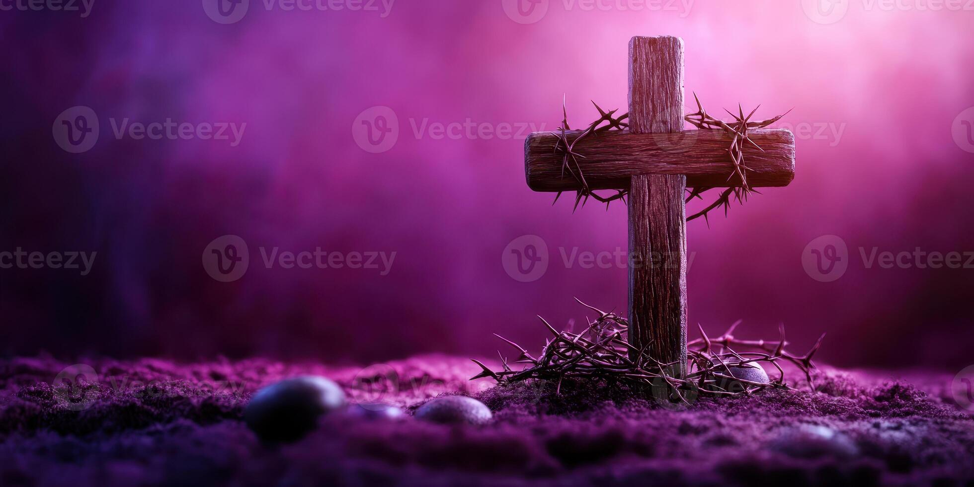 Wooden cross adorned with thorns and stones surrounded by a purple mist in a dimly lit setting photo