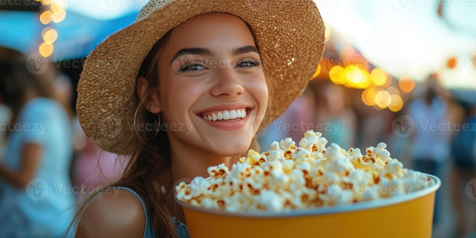 Smiling girl enjoying popcorn at a vibrant outdoor festival during a summer evening photo