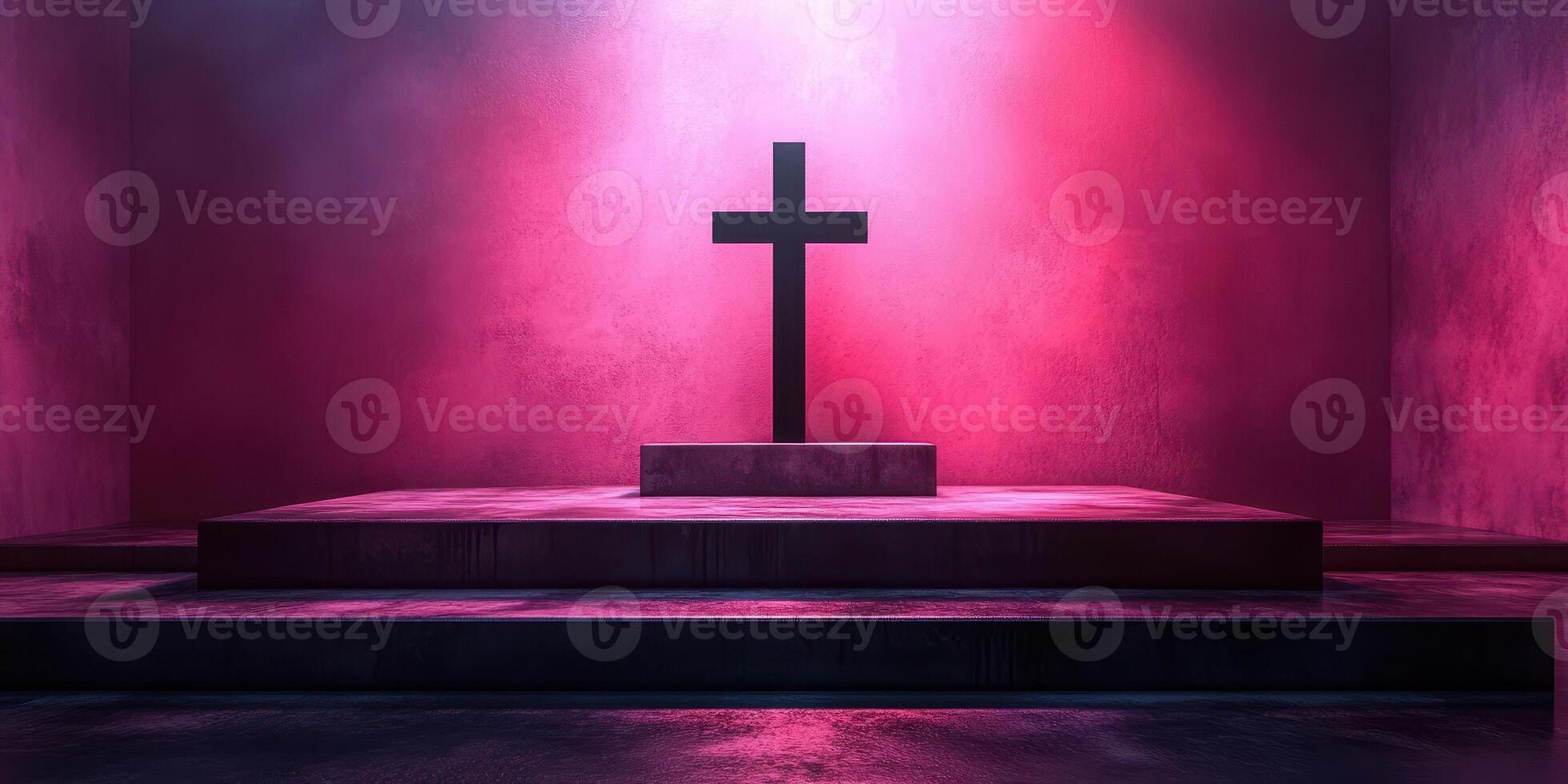 Cross stands prominently on a platform illuminated by pink and purple lighting in a serene setting photo