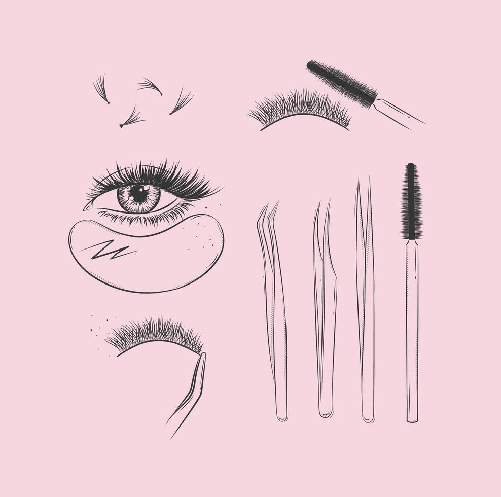 Lashes treatment studio tools collection drawing with black on pink background vector