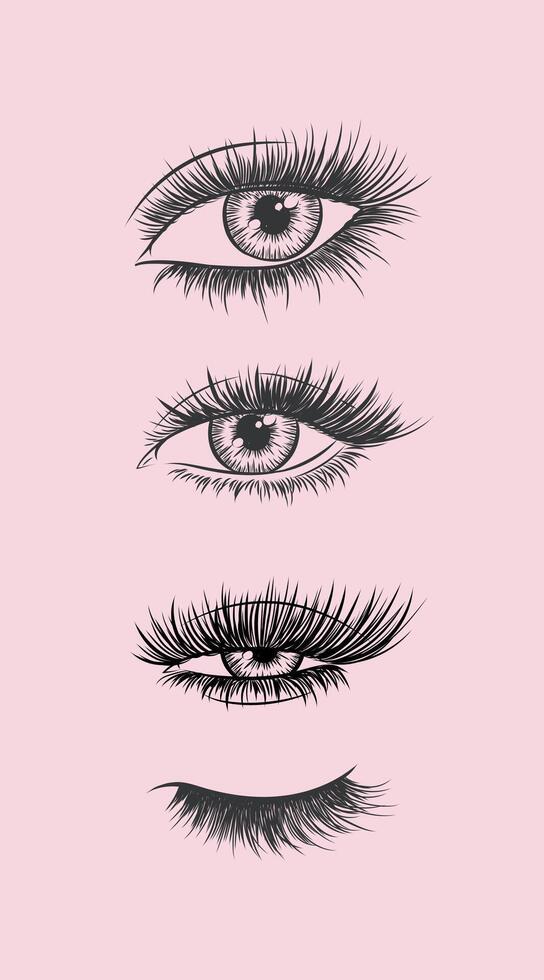 Eyes and eyelash collection drawing in graphic art style on pink background vector
