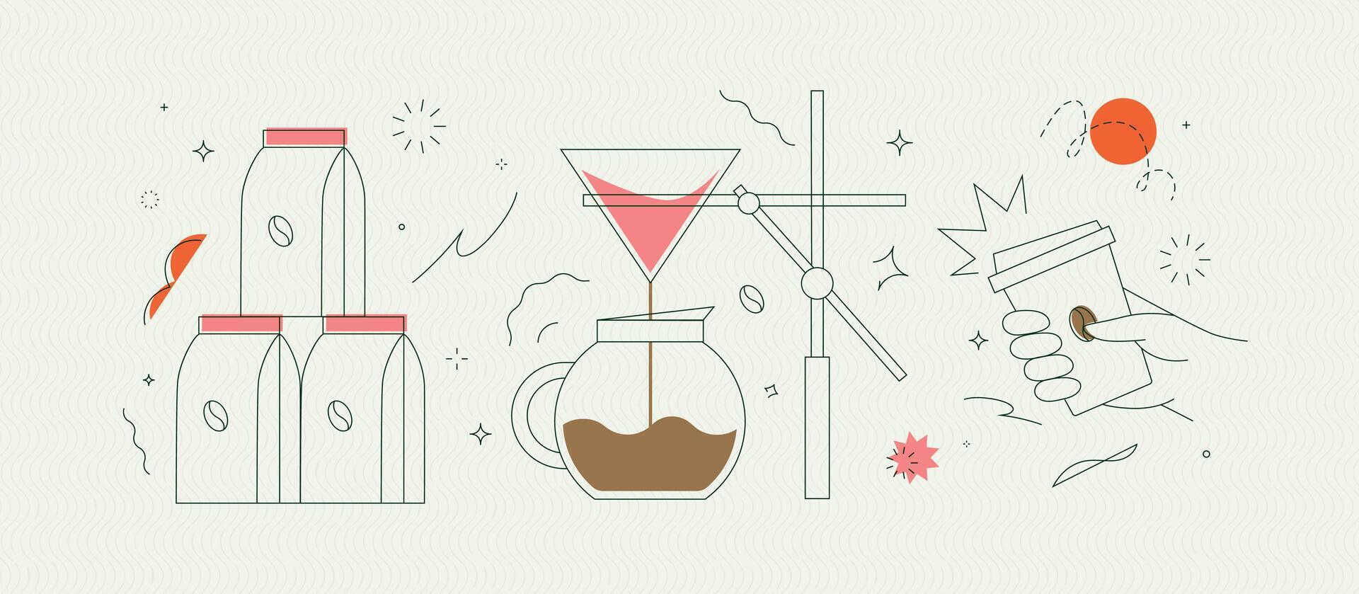 Coffee maker, pack, take away cup symbols drawing in modern linear art style on light background vector