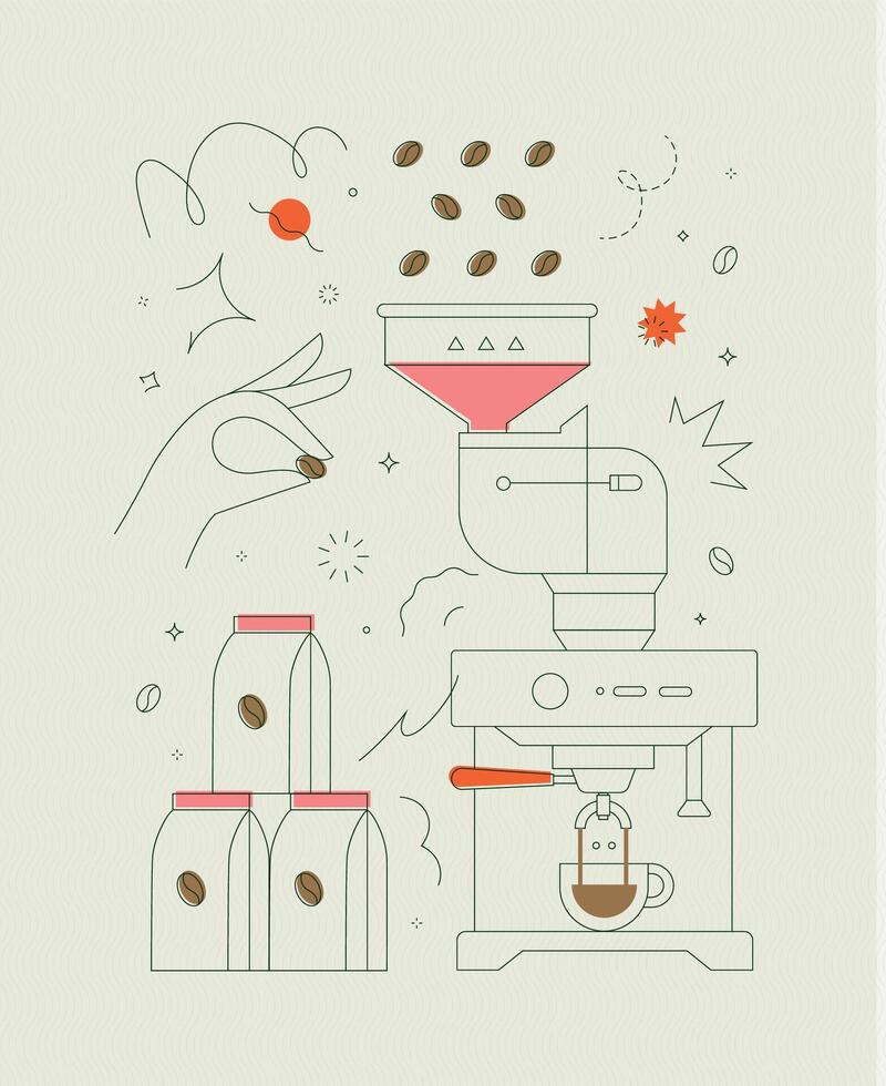 Coffee bean container coffee machine symbols drawing in modern linear art style on light background vector
