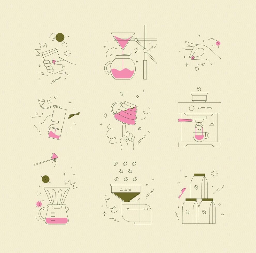 Coffee symbols set cup, pot, grinder, bean, machine, pot, mill, pack drawing in minimalist style on light yellow background vector