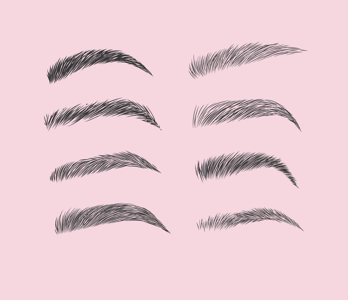 Eyebrows collection set in different shape form drawing with black on pink background vector