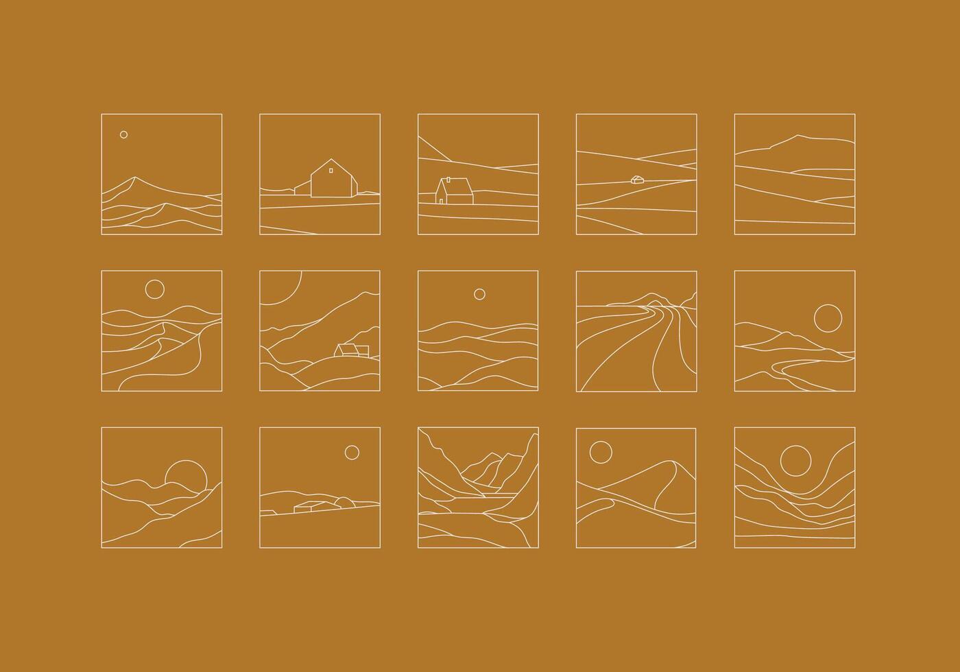 Mountain silhouettes icon set drawing in linear art style on mustard background vector