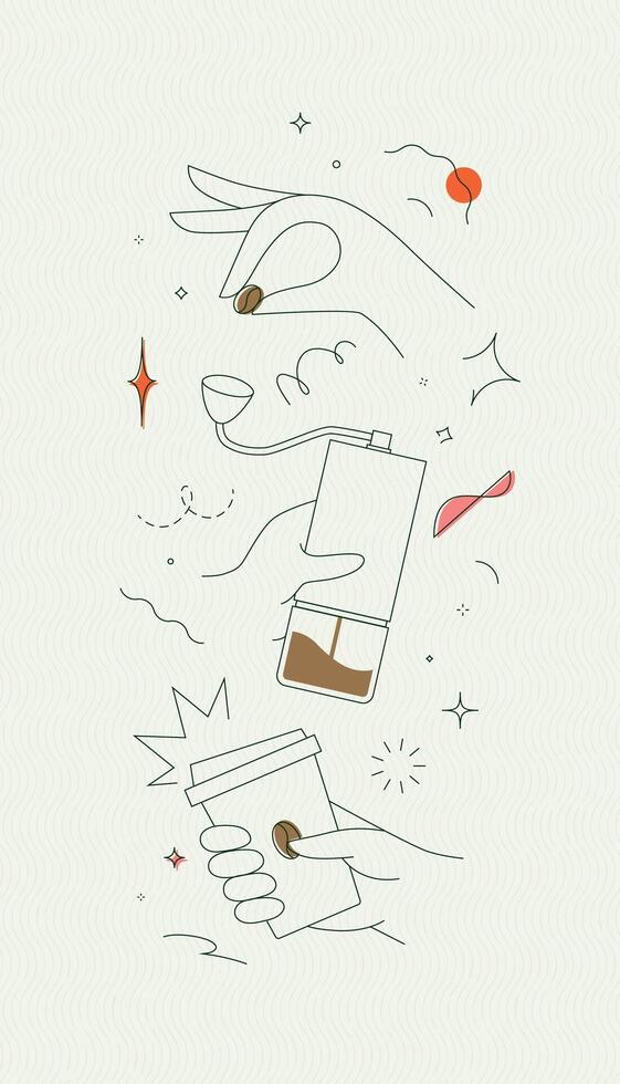 Coffee bean and grinder take away cup symbols drawing in modern linear art style on light background vector