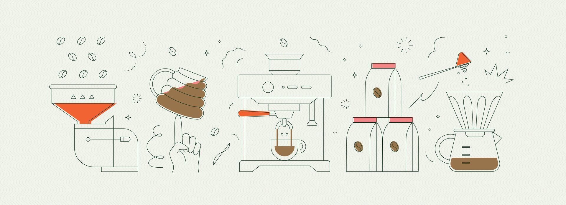 Coffee mill, cup, machine, pack, maker symbols drawing in modern linear art style on light background vector
