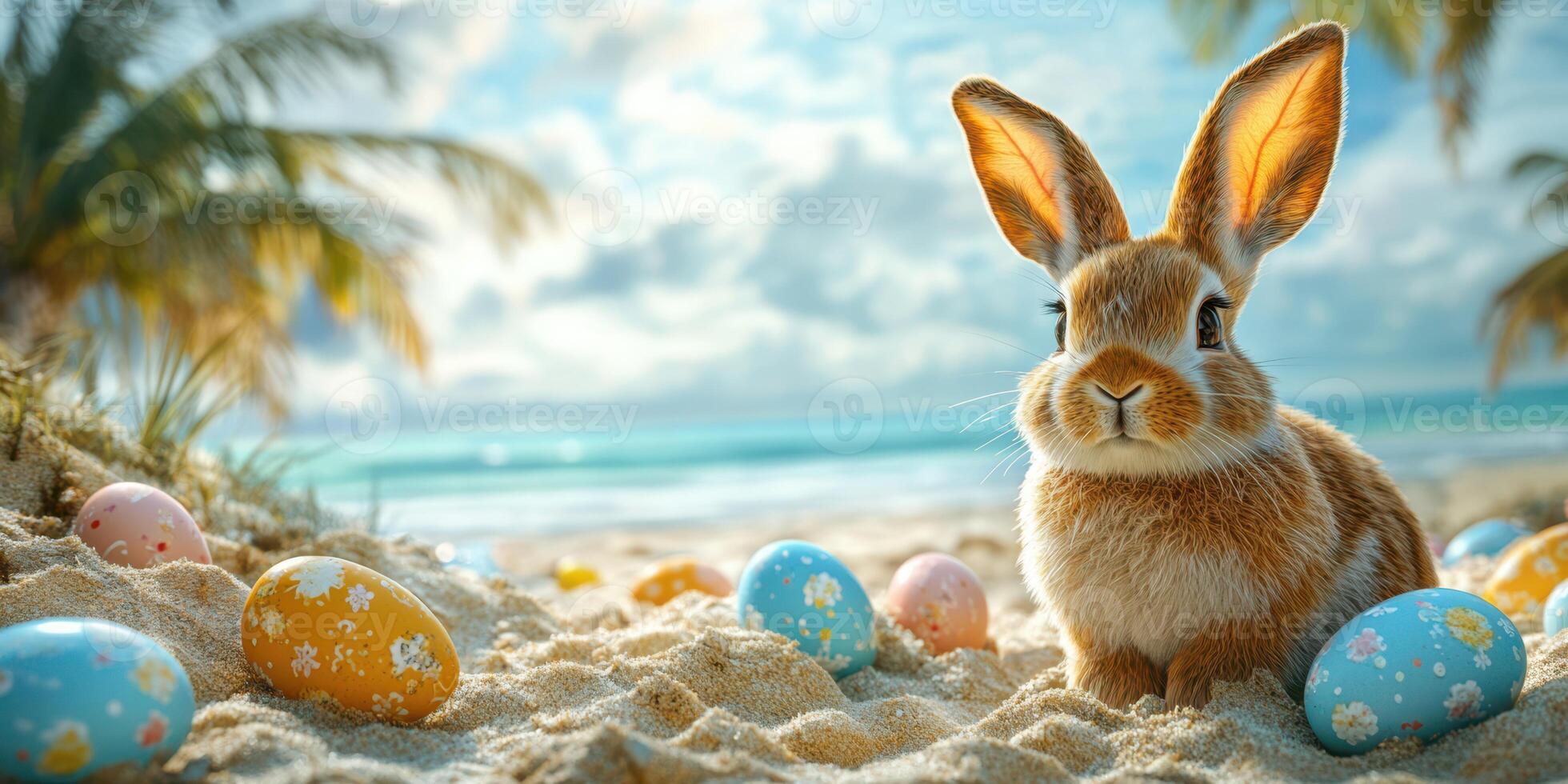 Cute rabbit sits on sandy beach with colorful Easter eggs under a sunny sky near the ocean photo