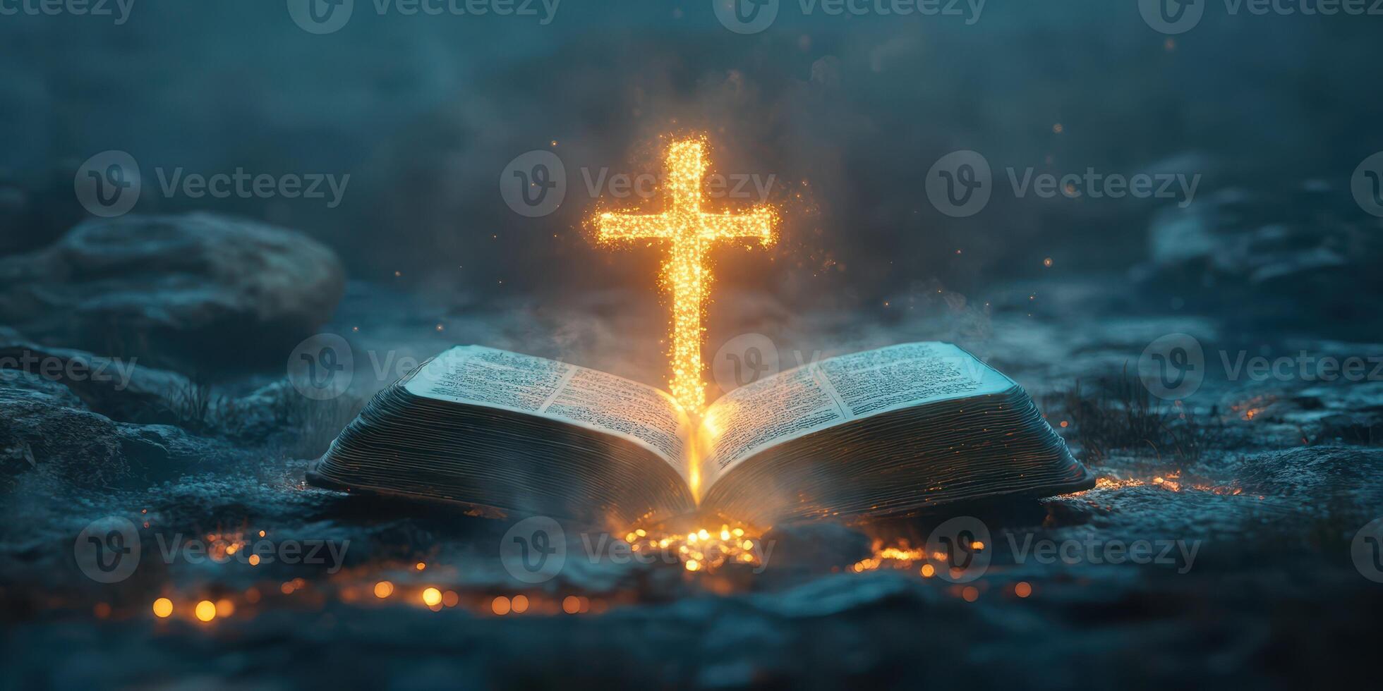 Spiritual illumination emerges from an open book as a glowing cross appears at dusk in a natural setting photo