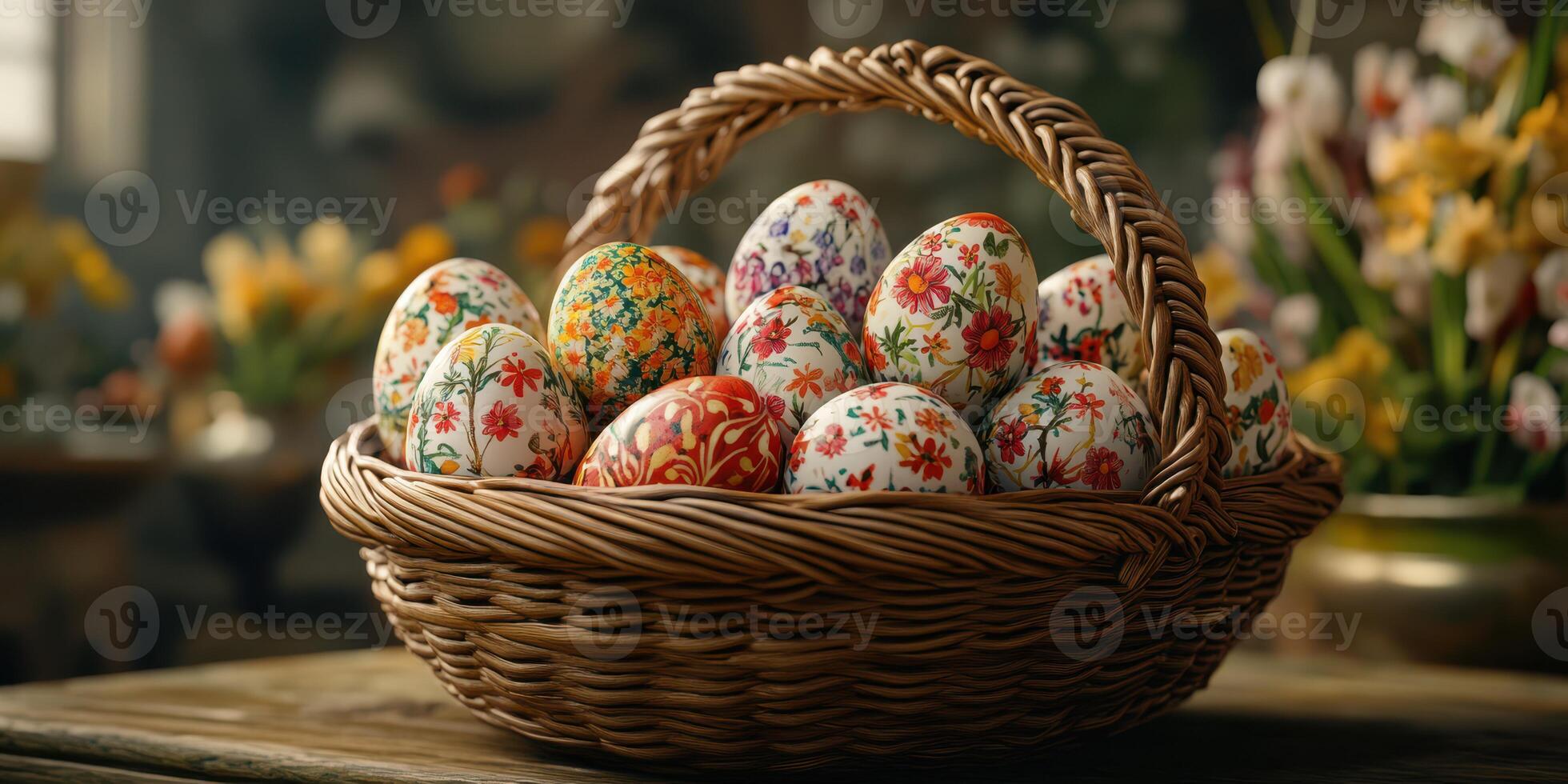 Colorful decorative eggs in a wicker basket surrounded by fresh flowers on a rustic table photo