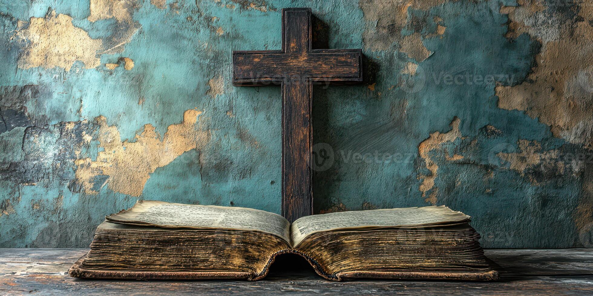 Old book with weathered pages and wooden cross placed on a rustic surface photo