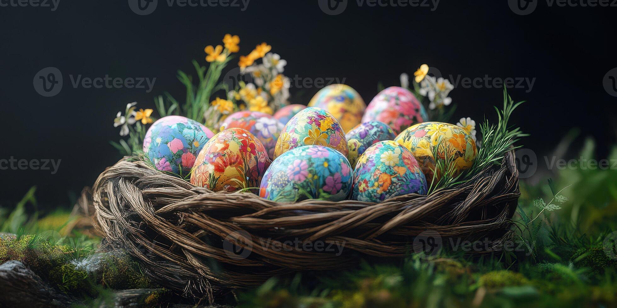 Colorful decorated eggs in a woven basket surrounded by flowers on a spring day photo