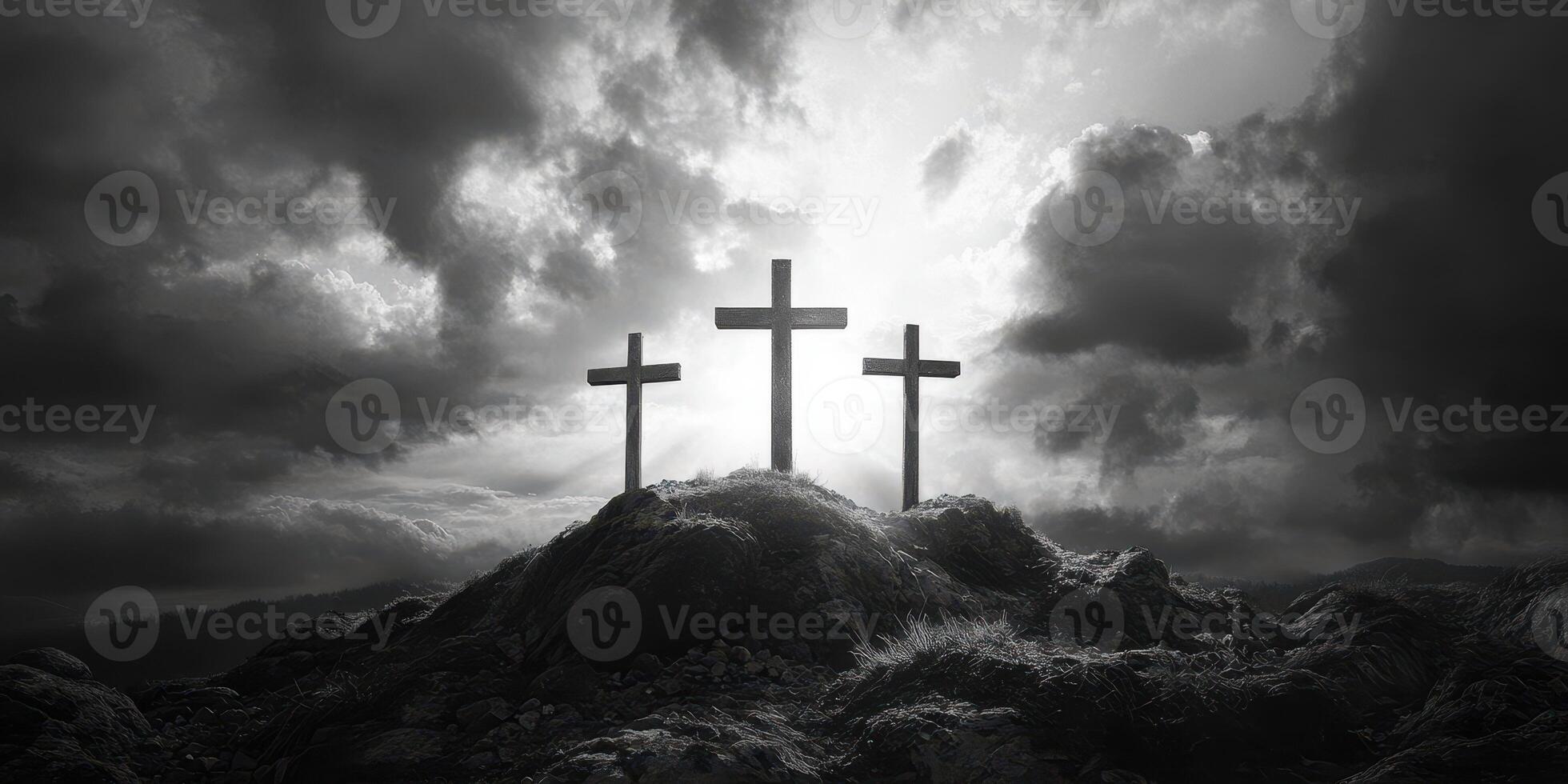 Four crosses stand prominently on a hillside under dramatic clouds at sunset, creating a powerful image of reflection and faith photo