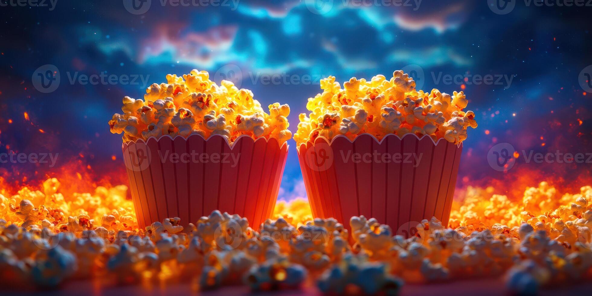 Bright and fluffy popcorn in festive red cups with vibrant colors and warm light effects at a cinematic event photo