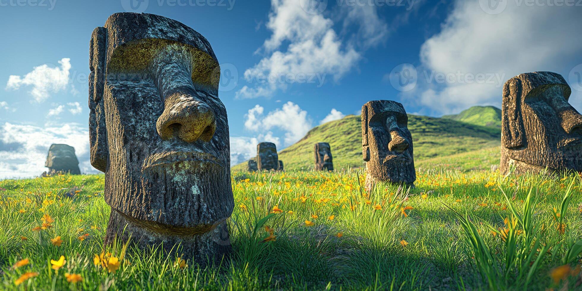 Moai statues stand majestically on Easter Island under a vibrant sky with blooming flowers in the foreground photo