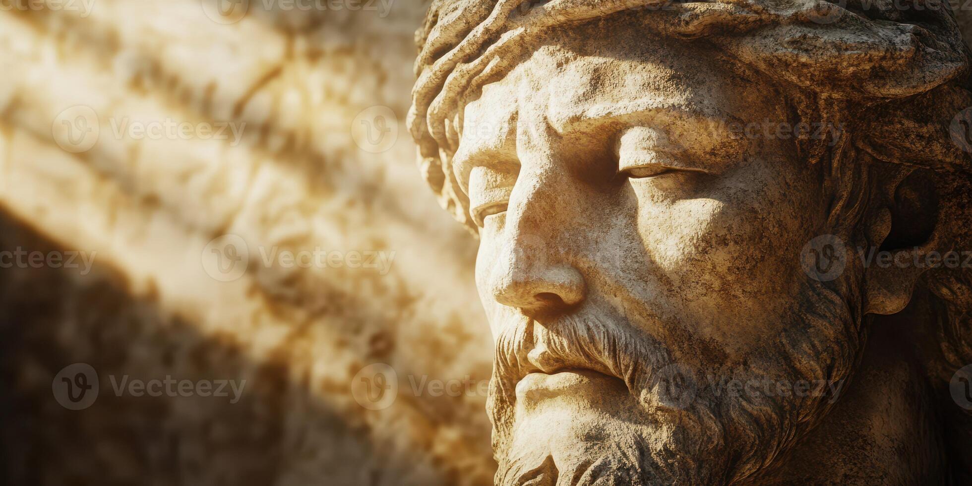 Detailed portrayal of a serene historical sculpture of a religious figure with intricate features in soft light photo