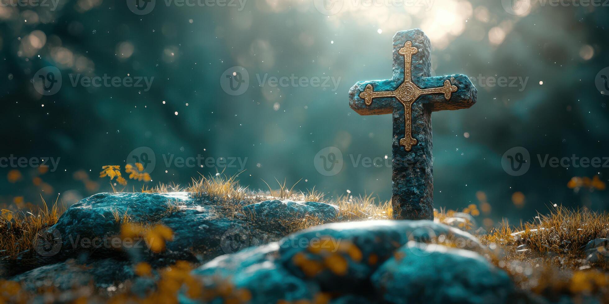Stone cross amid a tranquil forest with sunlight filtering through trees in a serene setting photo