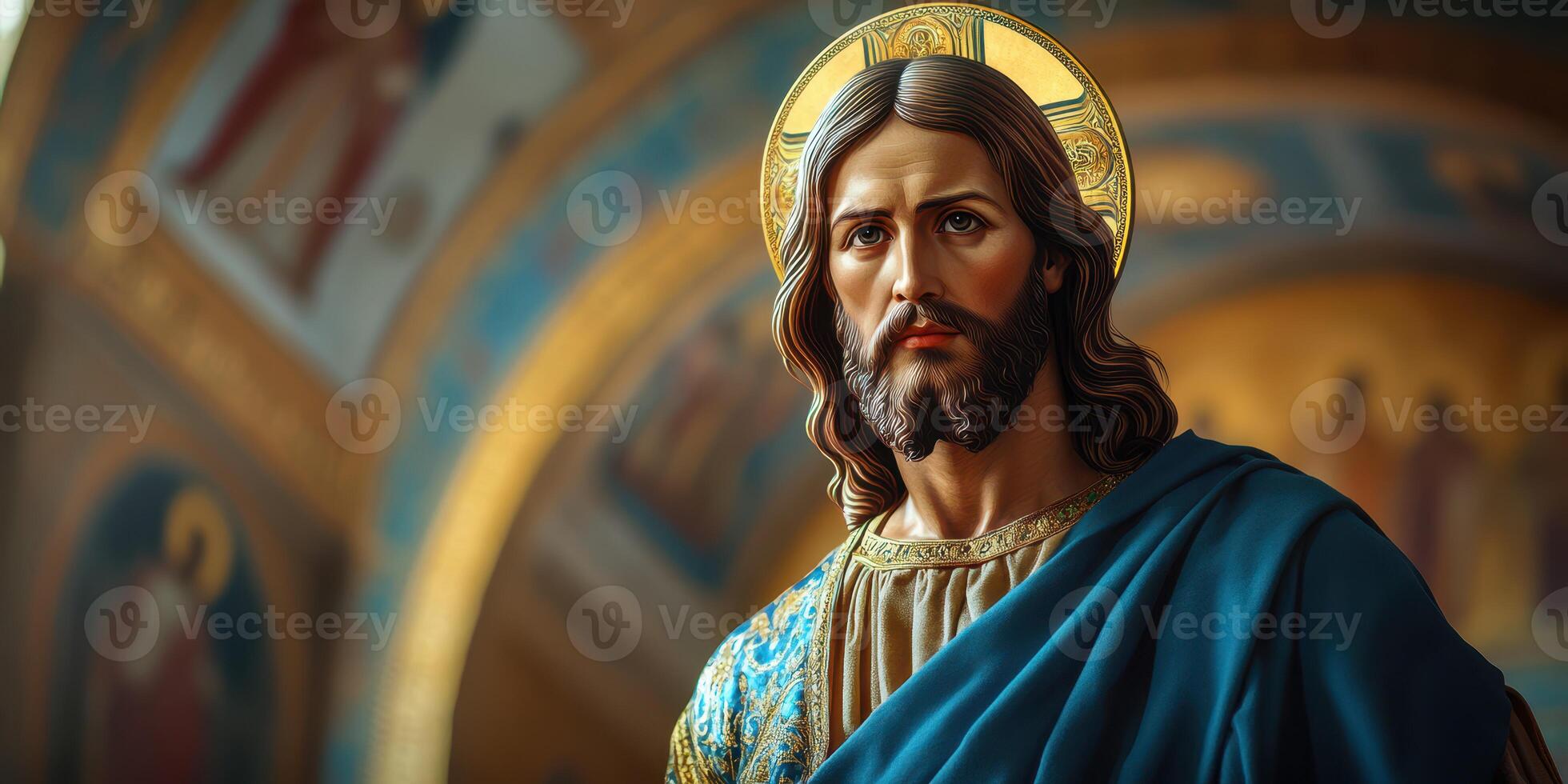 Religious statue of a historical figure displayed in a church interior with intricate designs and vibrant colors photo