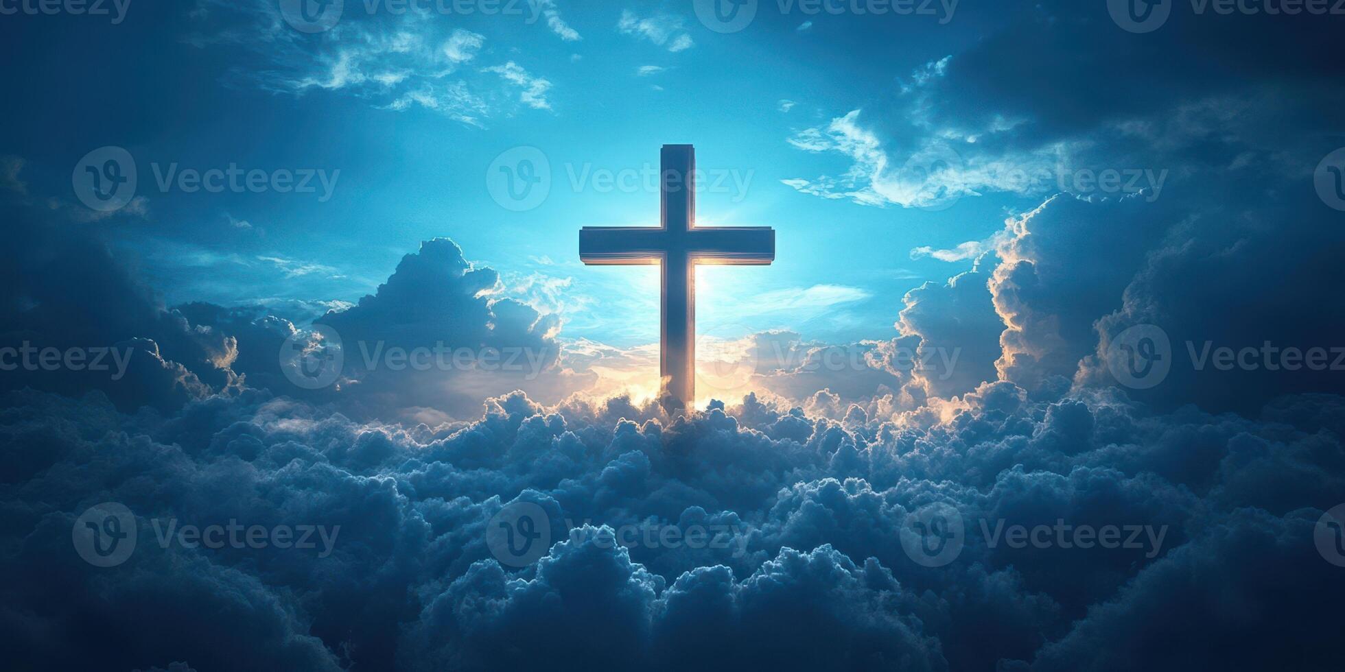 Beautiful depiction of a glowing cross rising above clouds at sunset showcasing spiritual symbolism and tranquility photo