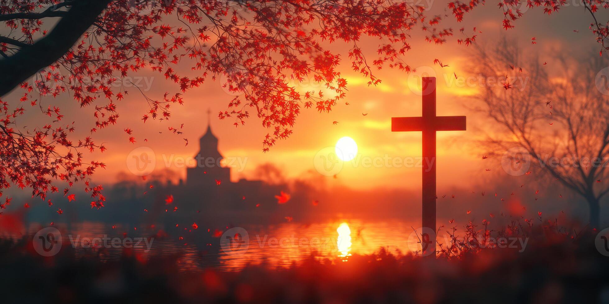 Sunset view over a peaceful lake with autumn leaves and a silhouette of a cross on the shore photo