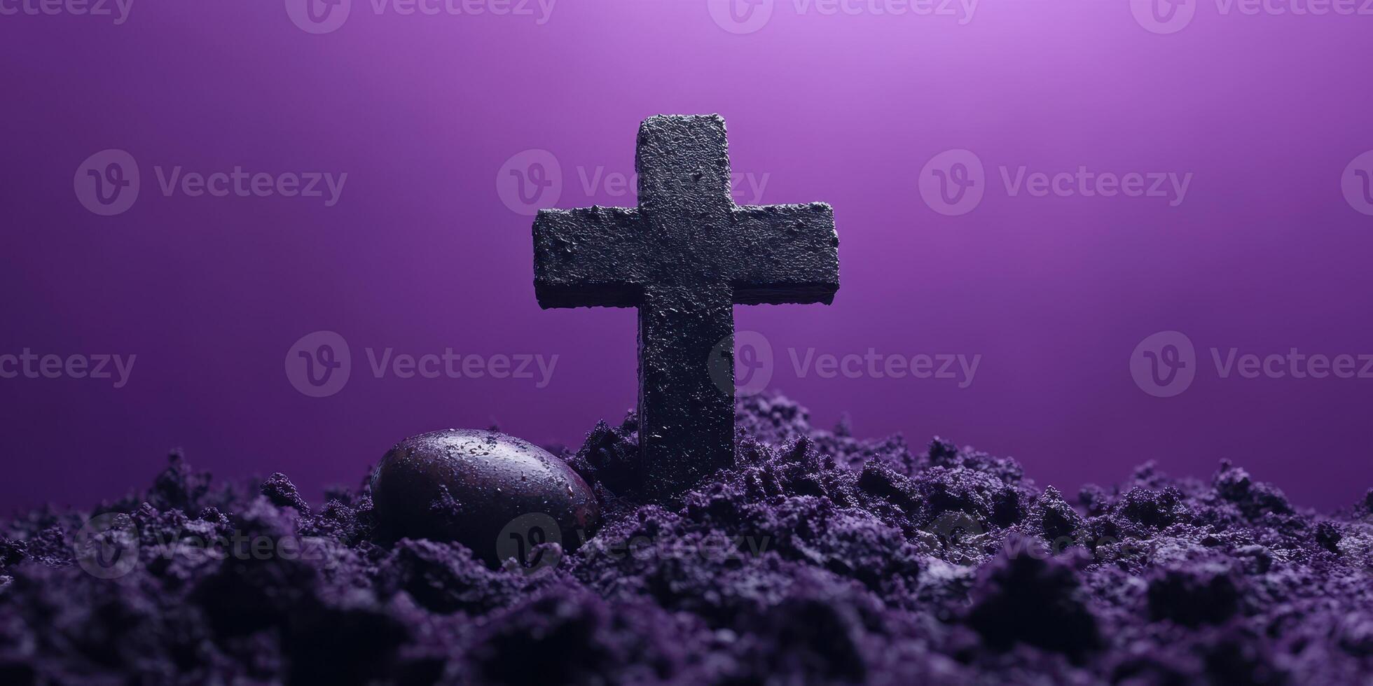 Mysterious black cross and egg surrounded by dark soil under a purple light in a surreal setting photo