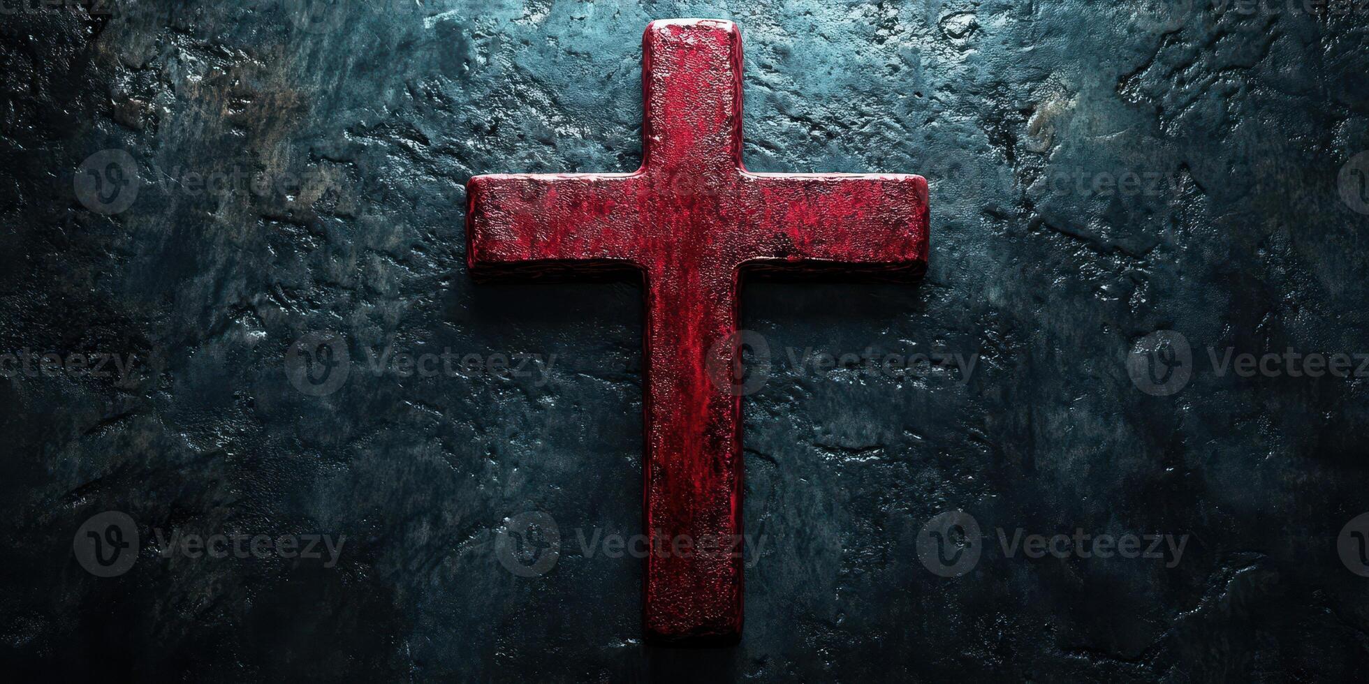 Red cross on dark textured surface creates a striking visual contrast and evokes a sense of spirituality and reflection photo