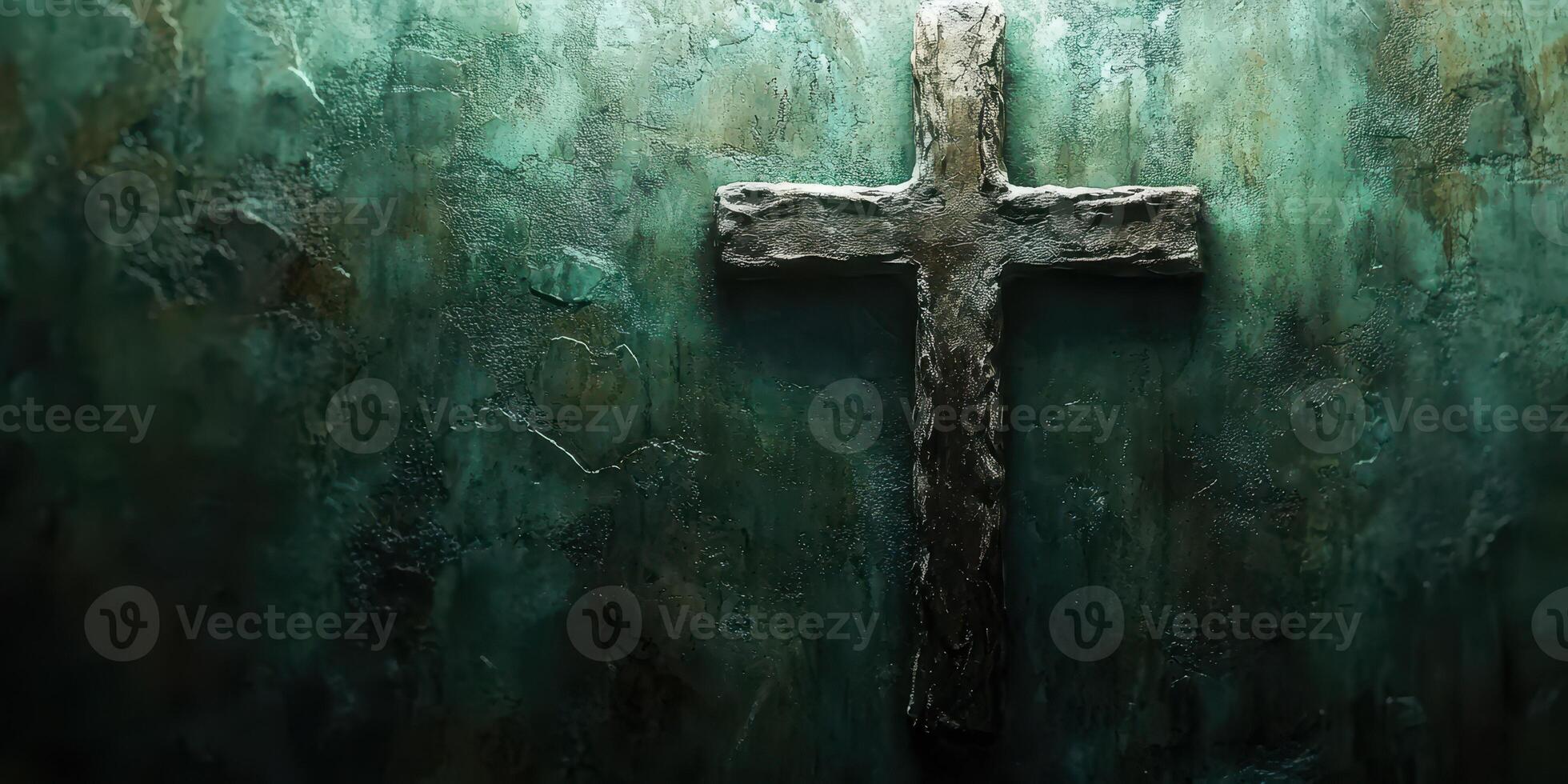 Cross displayed on an aged, textured wall highlighting spiritual symbolism and history during a serene moment of reflection photo
