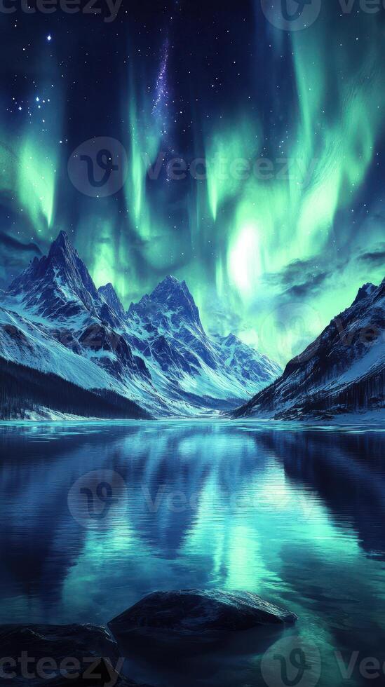 Mystical northern lights illuminate snowy mountains and serene lake at night photo