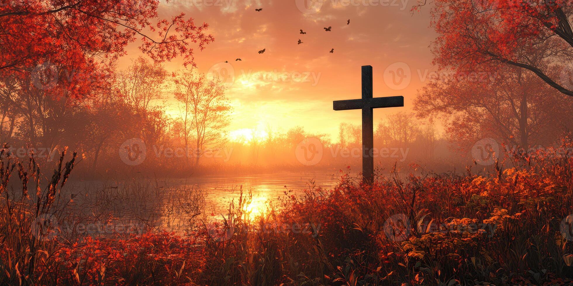 Sunset over serene lake with cross in foreground among autumn foliage and flying birds in peaceful nature setting photo
