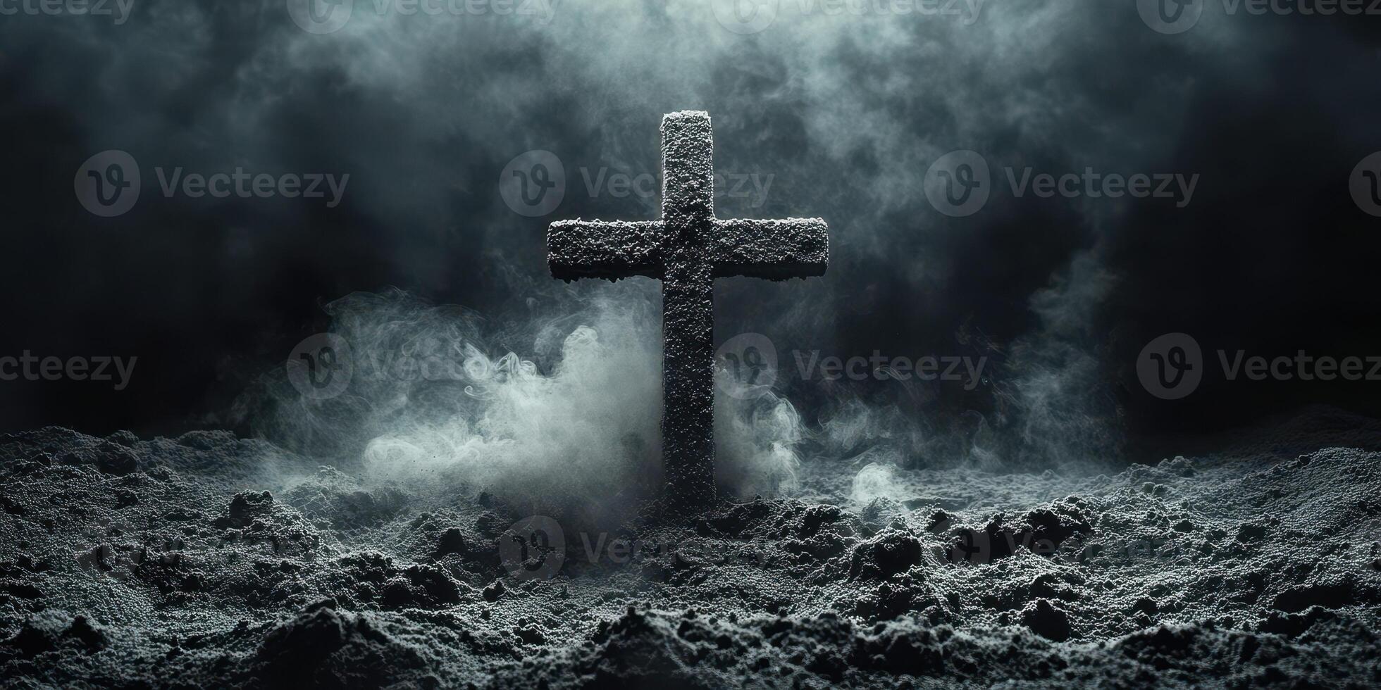 Cross surrounded by fog on a dark background representing themes of loss and reflection in a somber atmosphere photo