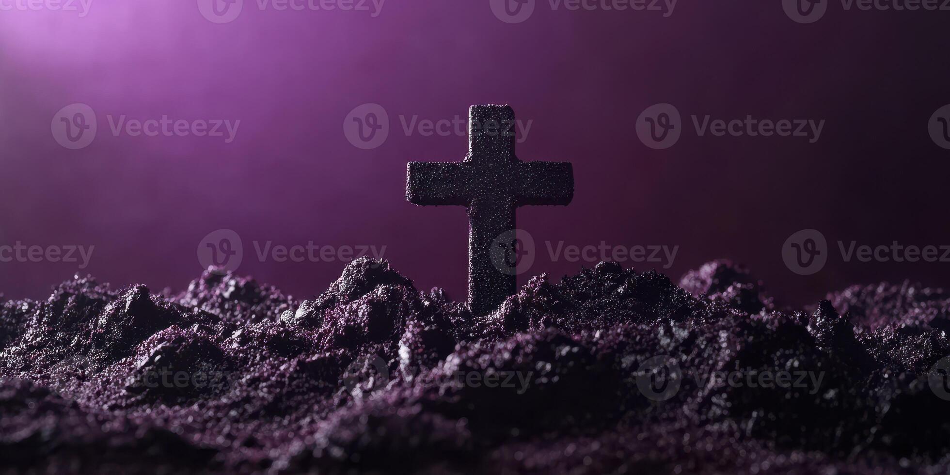 Mysterious black cross stands prominently amid dark soil with a purple backdrop photo