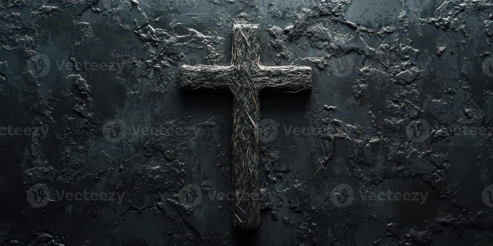 Cross made of intertwined materials against a dark, textured background creates a striking visual representation of faith photo
