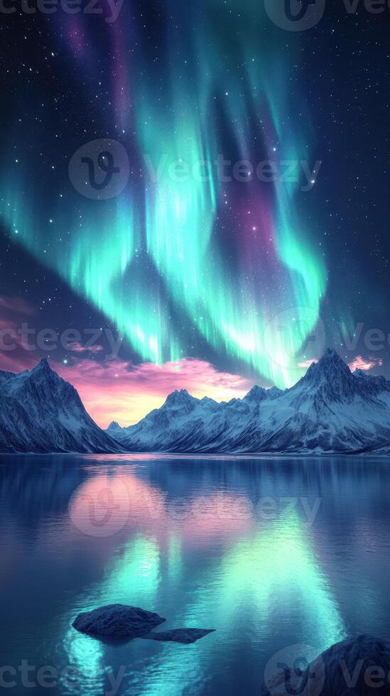 Colors of the aurora borealis dance over a serene mountain lake at dusk in a breathtaking natural display photo