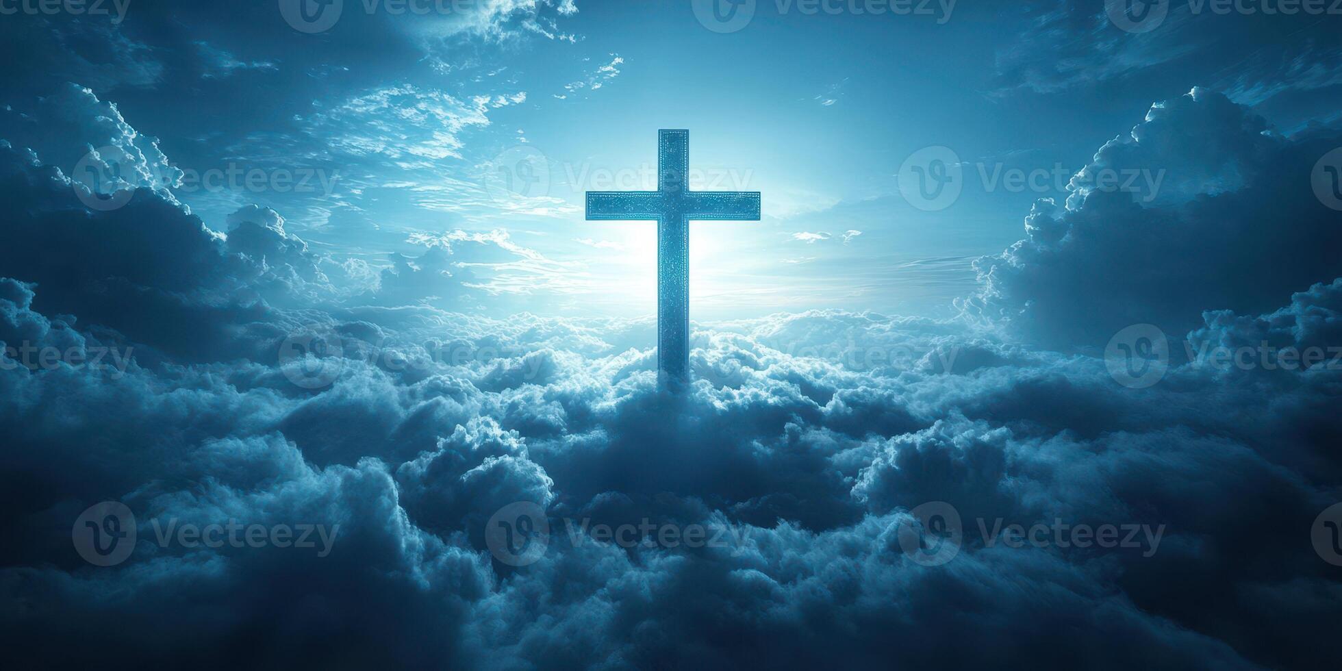 Cross illuminated by ethereal light amidst cloudy skies in a spiritual atmosphere photo