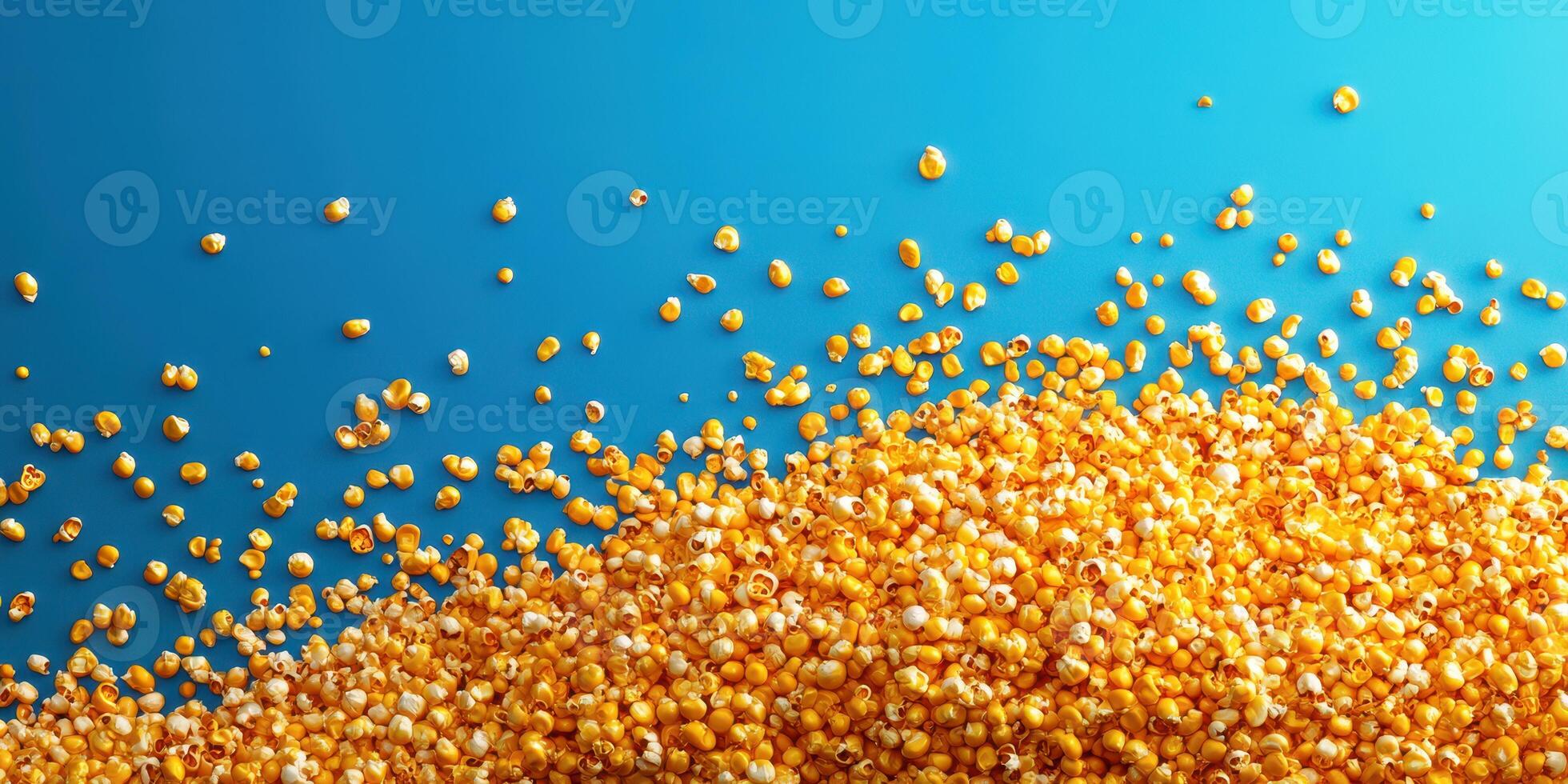 Golden popcorn kernels spilling across a bright blue background creating a vibrant, colorful display photo