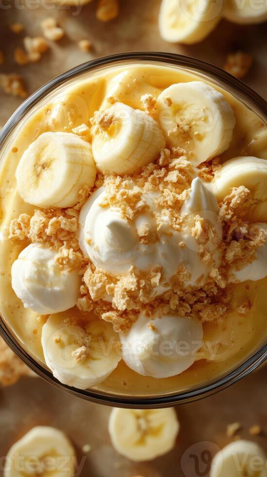 Delicious banana pudding topped with whipped cream and crushed cookies in a glass bowl at a cozy kitchen setting photo