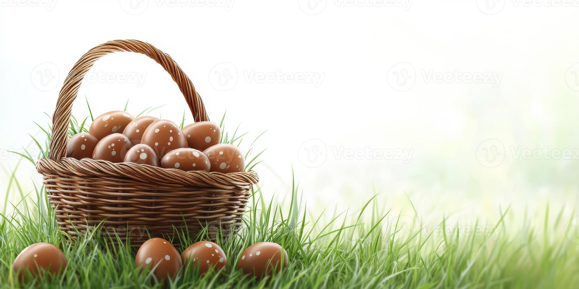 Brown eggs in a wicker basket resting on green grass under bright sunlight during spring season photo