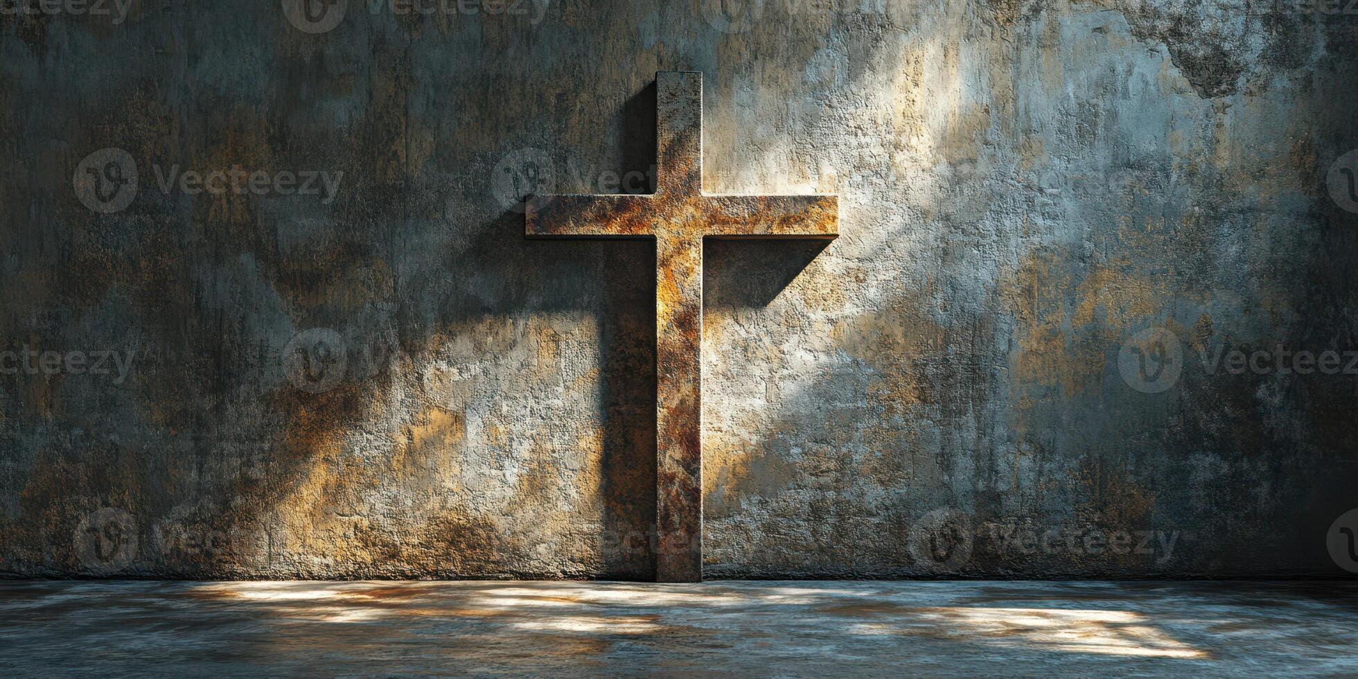 Rustic cross casts shadow on aged wall in dimly lit sanctuary space photo