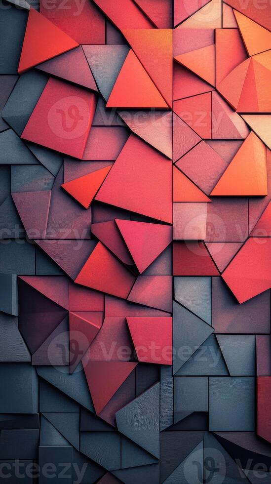 Abstract geometric pattern with red and gray shapes on a textured surface in a vibrant setting photo