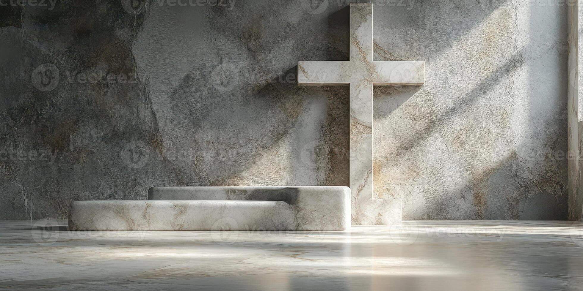 Minimalist chapel interior featuring a stone cross and altar illuminated by natural light during the day photo