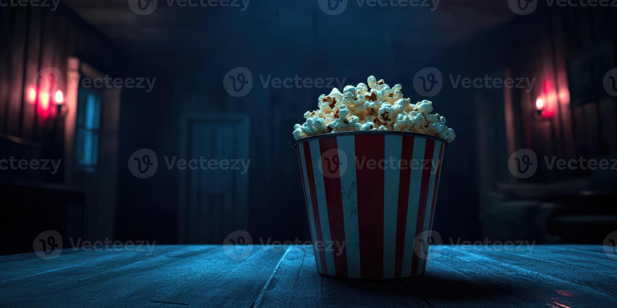 Popcorn bucket in a dimly lit room creating a spooky atmosphere for late night movie watching photo