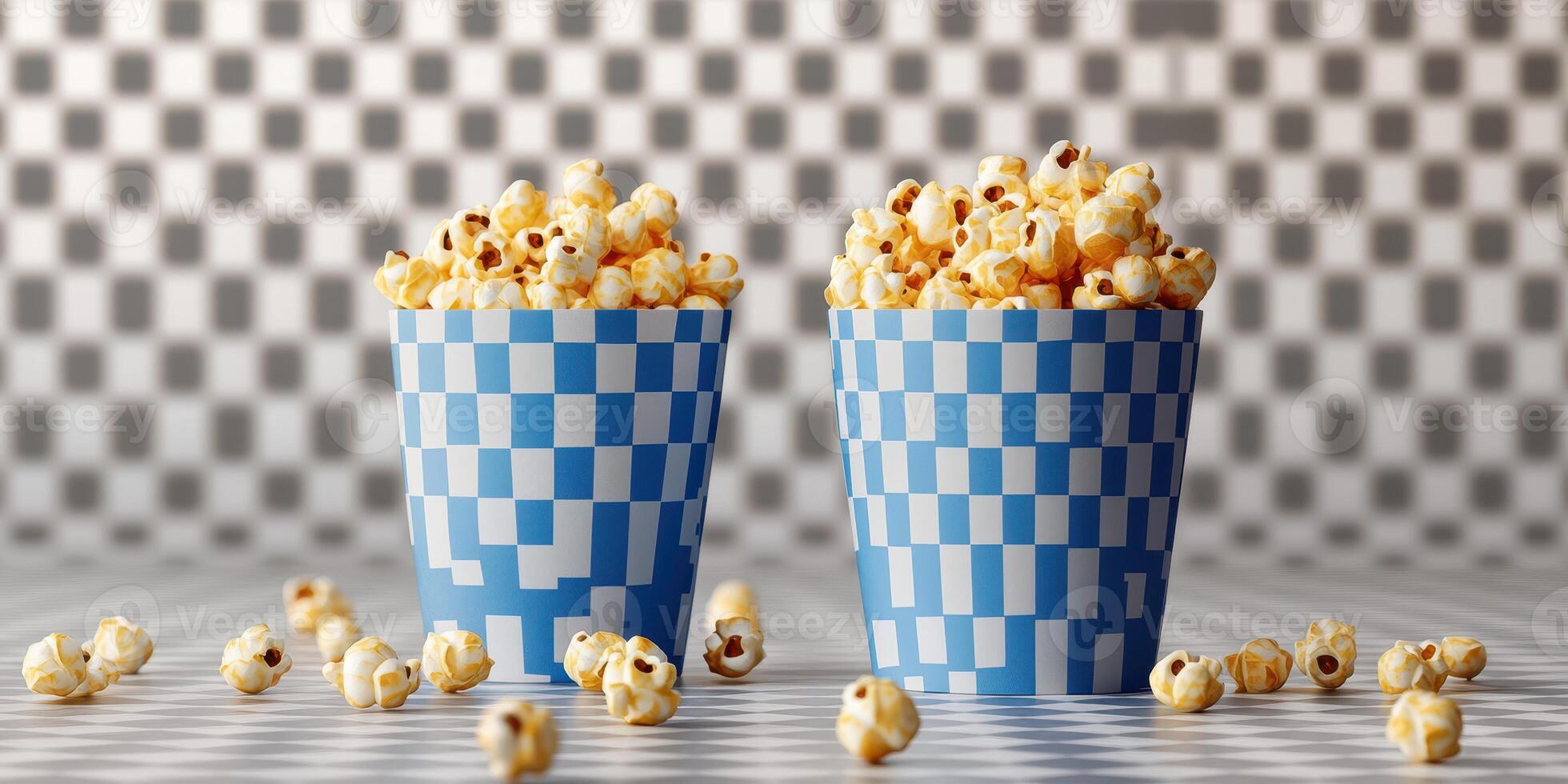 Popcorn cups filled with buttery snacks placed on a checkered tablecloth at an indoor event photo