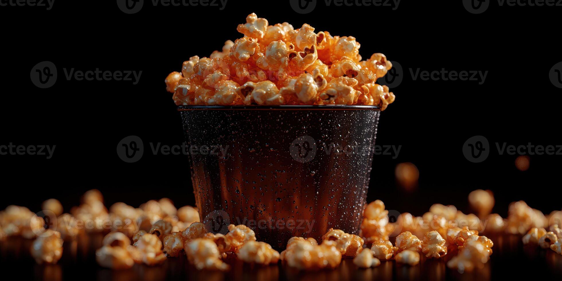 Freshly popped popcorn in a black bucket with a shiny surface and scattered kernels on a dark background photo