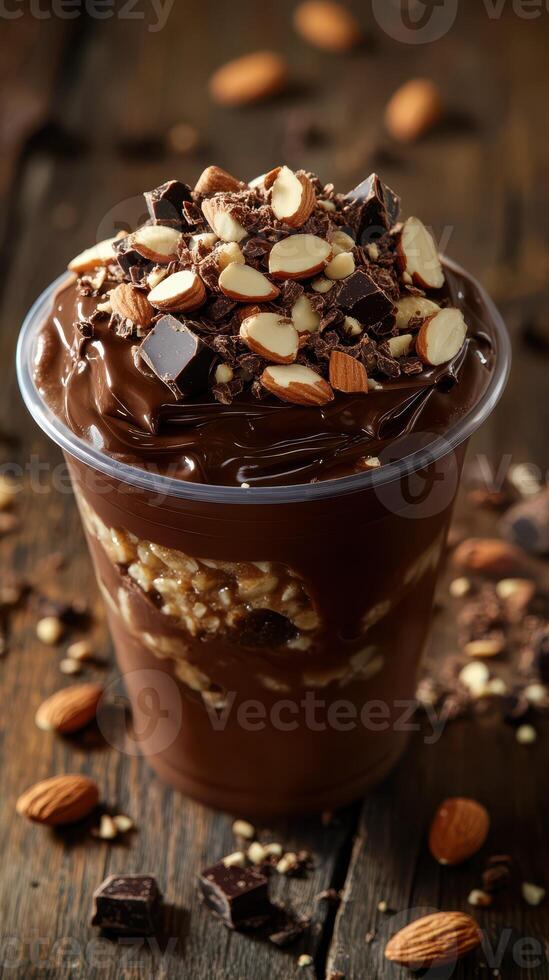 Delicious chocolate dessert topped with crunchy almonds on a rustic wooden table photo