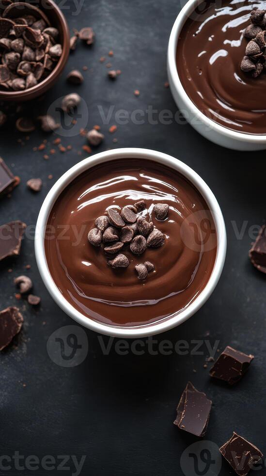Rich chocolate mousse topped with chocolate chips in bowls on a dark surface with cocoa shards scattered around photo