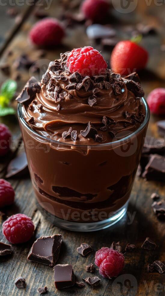Decadent chocolate mousse topped with fresh raspberries and chocolate shavings on a rustic wooden table photo