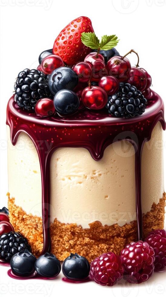 Decadent cheesecake topped with vibrant berries and glossy chocolate sauce at a dessert presentation photo