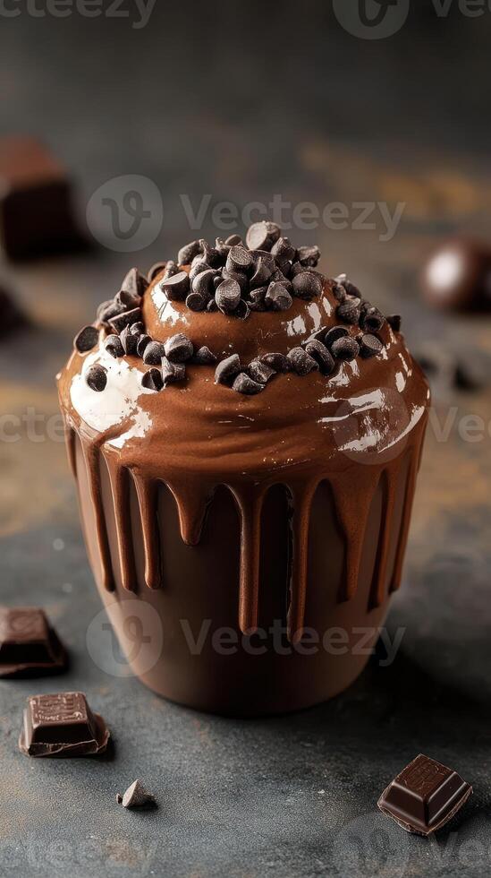 Decadent chocolate cupcake with smooth frosting and chocolate chips on top in a dimly lit kitchen setting photo